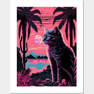 Cat and Nature Retrowave Synthwave Posters and Art